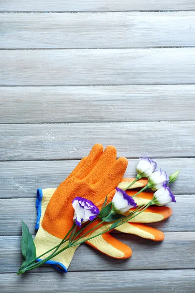 Bela composição de flores e luvas de jardim em fundo de madeira cinza — Fotografia de Stock