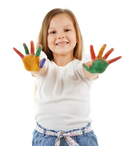 Little girl with hands in paint — Stock Photo, Image