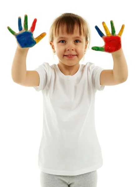 Bambina con le mani nella vernice — Foto Stock