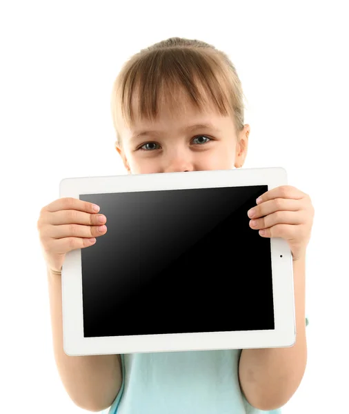 Hermosa niña con tableta digital — Foto de Stock