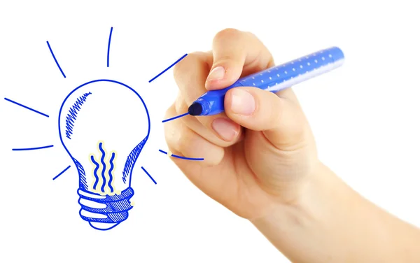 Human hand drawing light bulb — Stock Photo, Image