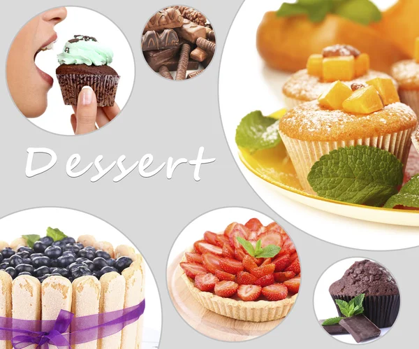Collage van desserts op grijs — Stockfoto