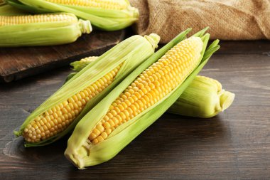 Tahta masadaki koçanlarda taze mısır, yakın plan.