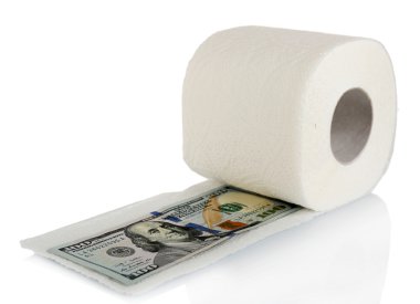 Beyaz rulo tuvalet kağıdı ve Doları banknot üzerinde beyaz izole