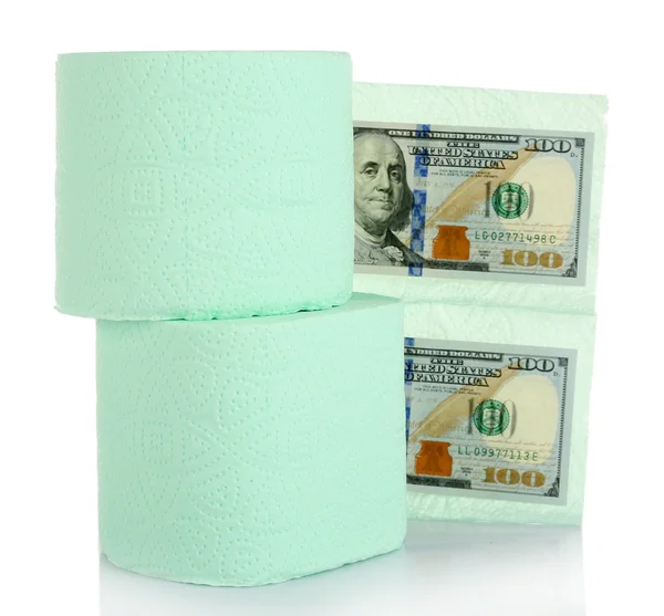 ライト グリーン ロール トイレット ペーパーや白で隔離ドル紙幣 — ストック写真