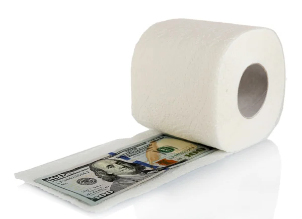 Rolo branco de papel higiénico e nota de dólar isolada sobre branco — Fotografia de Stock