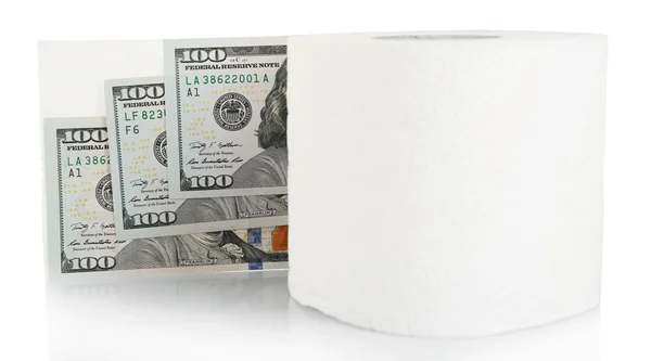 Rolo de papel higiénico branco e notas de dólar isoladas em branco — Fotografia de Stock