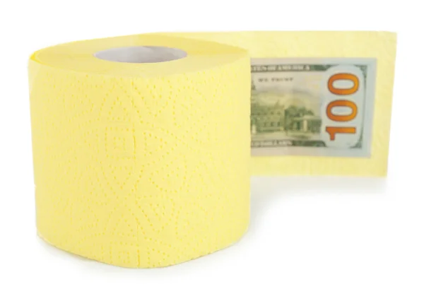 光黄色トイレット ペーパーと白で隔離ユーロ紙幣の巻き — ストック写真