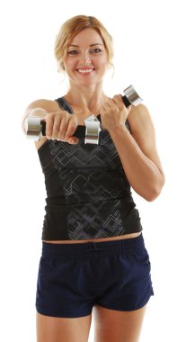 Beyaz arka plan üzerinde izole dumbbells ile atletik kadın
