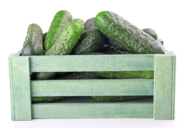 Ripe fresh cucumbers  in wooden box — Stock Photo, Image