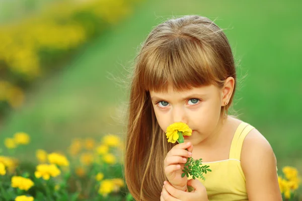 Kleines Mädchen mit Blumen — Stockfoto