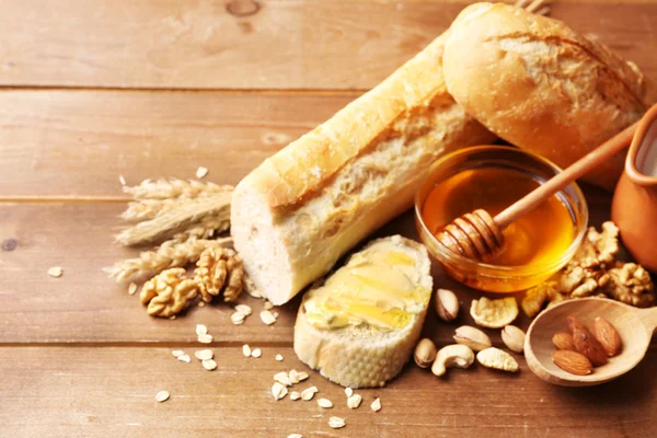 Healthy breakfast with bread, honey, nuts. Country breakfast concept — Stock Photo, Image