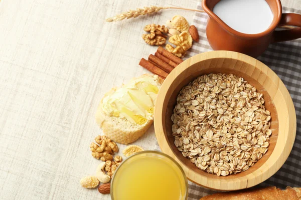 Healthy breakfast with bread, honey, nuts. Country breakfast concept — Stock Photo, Image