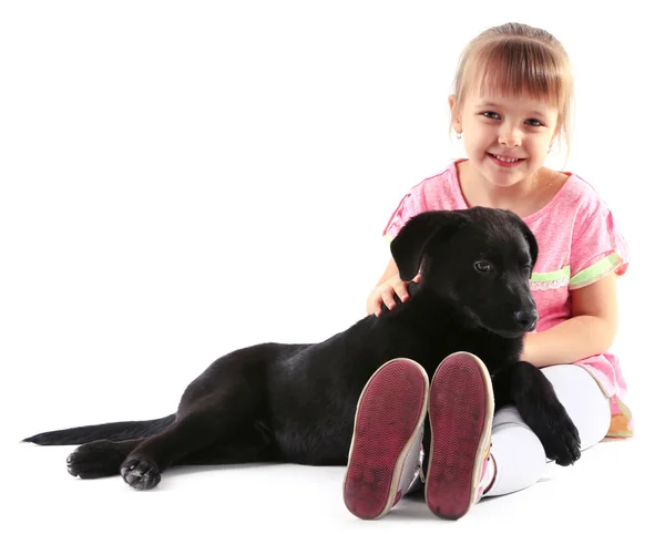 Roztomilá holčička s štěně — Stock fotografie