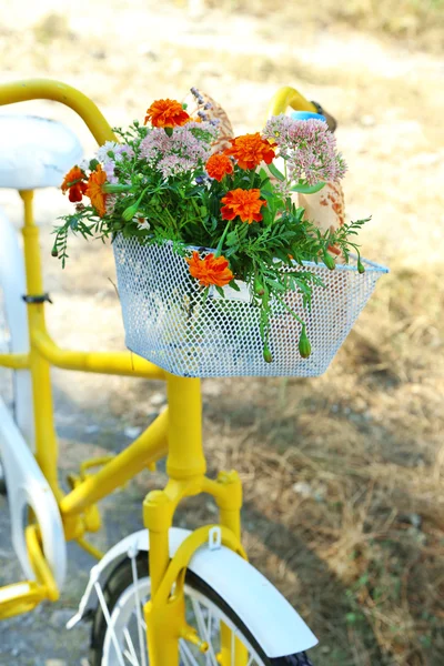 Bicycle with  flowers, milk bottle and bread — Stock Photo, Image