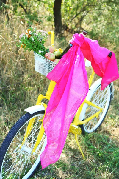 Fahrrad mit Blumen und Flasche Wein in Metallkorb Nahaufnahme, im Freien — Stockfoto