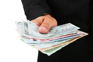 Euro üzerinde beyaz izole elinde olmayan bir erkek