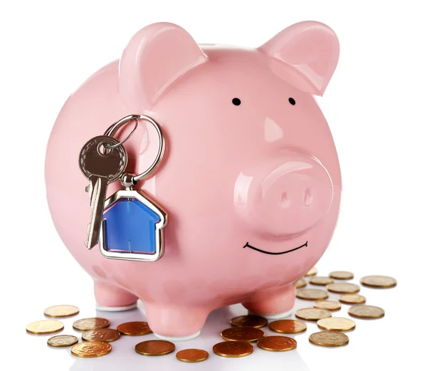 Piggy bank styl pieniądze box z kluczem na białym tle — Zdjęcie stockowe