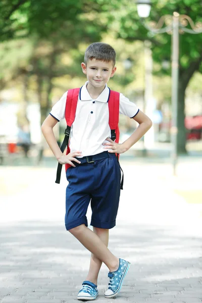 Malý chlapec s velkou školní tašku, venkovní — Stock fotografie