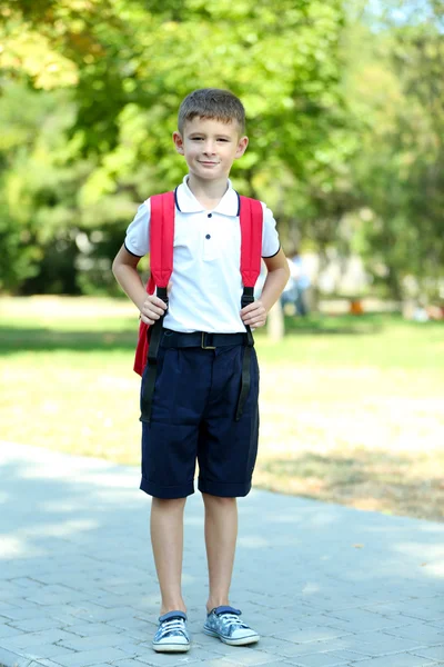 Malý chlapec s velkou školní tašku, venkovní — Stock fotografie