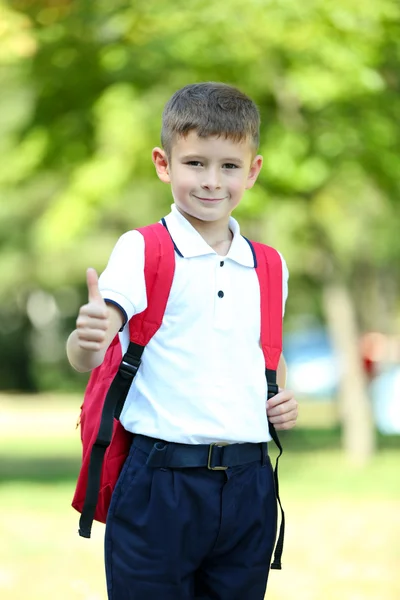 Niño pequeño con bolsa de escuela grande, al aire libre —  Fotos de Stock