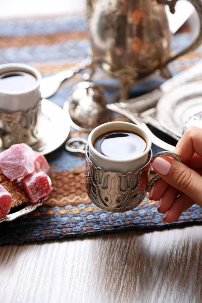 Antique tea-set with Turkish delight on table close-up — Stock Photo, Image