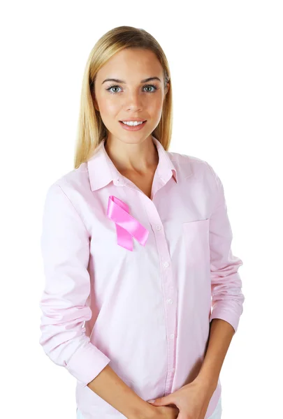 Mulher usando fita rosa — Fotografia de Stock