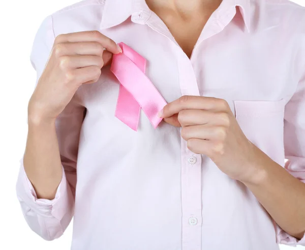 Woman using pink ribbon — Stock Photo, Image