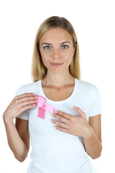 Mulher usando fita rosa em seu peito isolado em branco — Fotografia de Stock