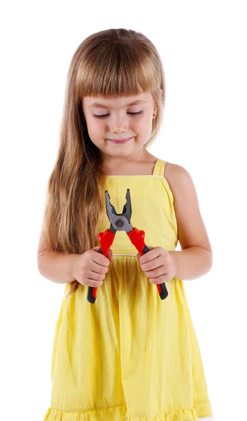 Beyaz izole oyuncak araçları ile küçük kız — Stok fotoğraf