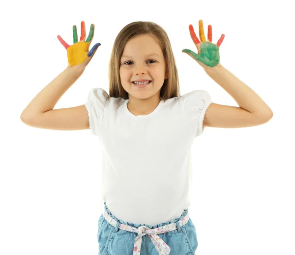 Liten flicka med händerna i paint — Stockfoto
