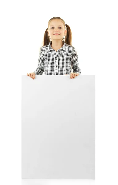 Criança Pequena Com Placa Isolada Branco — Fotografia de Stock