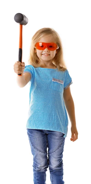 Little girl with tools on white — Stock Photo, Image