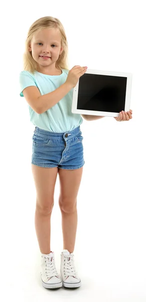 Belle petite fille avec tablette numérique — Photo