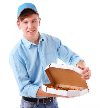 servis elemanı üzerinde beyaz izole karton pizza kutusu