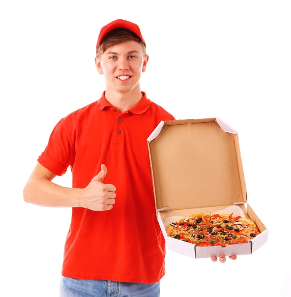 Entrega niño con caja de pizza de cartón aislado en blanco — Foto de Stock