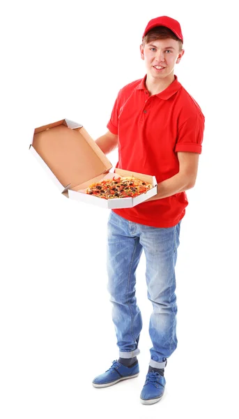 Entrega menino com caixa de pizza de papelão isolado em branco — Fotografia de Stock