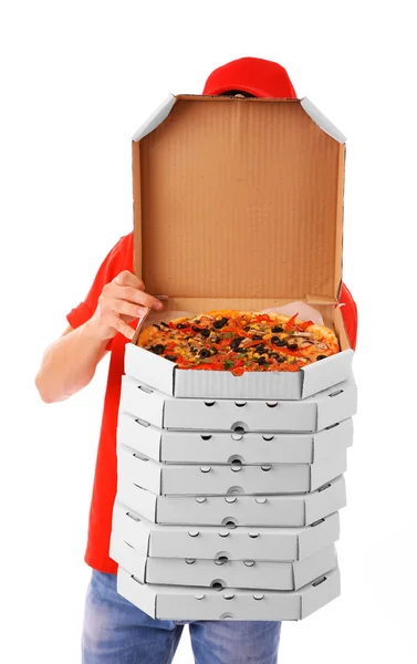 Springpojke med kartong pizzakartonger — Stockfoto