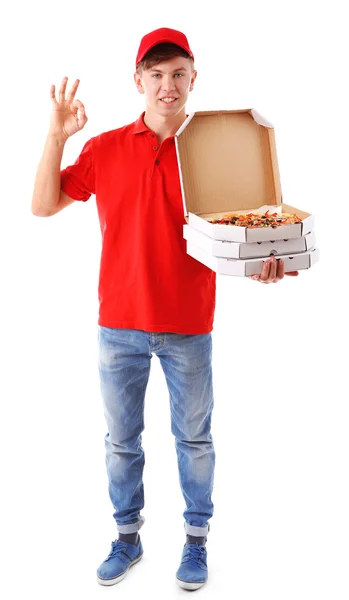 Entrega menino com caixas de pizza de papelão isolado em branco — Fotografia de Stock