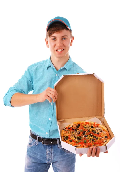 Entrega menino com caixa de pizza de papelão isolado em branco — Fotografia de Stock