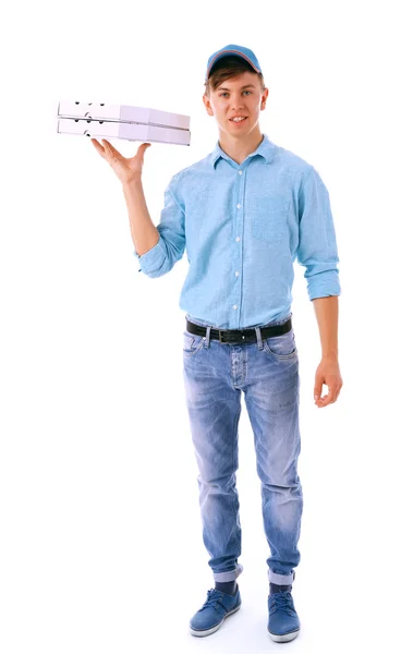 Entrega menino com caixas de pizza de papelão isolado em branco — Fotografia de Stock