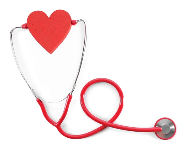 Red stethoscope with heart isolated on white — Stock Photo, Image