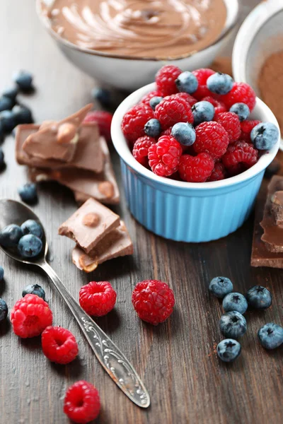 Szép kompozíció csokoládé krém és érett bogyókkal — Stock Fotó
