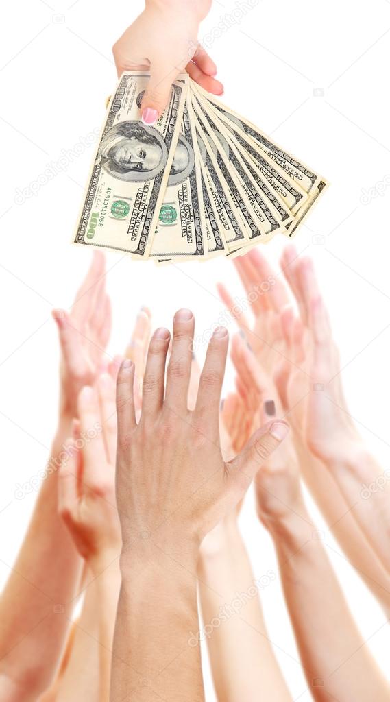 Many hands reaching out for money, isolated on white