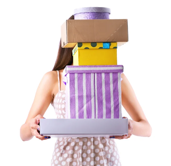 Žena s nákupy boxy — Stock fotografie