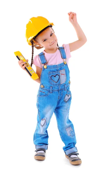 Little girl in yellow helmet with grade — Stock Photo, Image