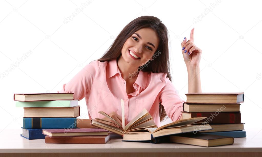 Young girl with books isolated