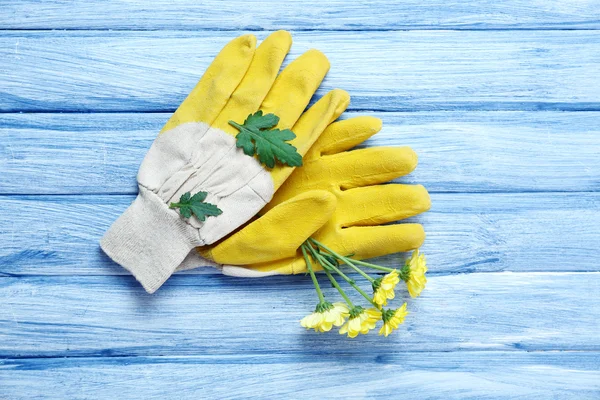 Guanti da giardino gialli e fiori — Foto Stock