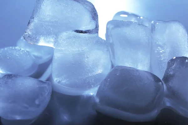 Cubos de hielo blanco bajo luz azul, de cerca —  Fotos de Stock