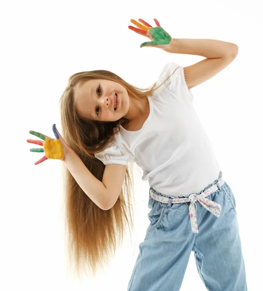 Niña con las manos pintadas — Foto de Stock